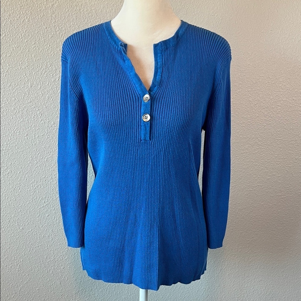 Kim Rogers Henley VNeck 3/4 Sleeve Sweater Blue Size Medium